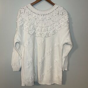 Vintage White Sweater Yarnworks Handknit Sweater‎ Grannycore Pom Pom Knit